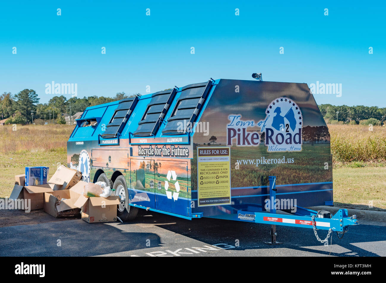 Recycling trailers, bins, to promote proper waste disposal in the small town of Pike Road, Alabama, USA. Stock Photo