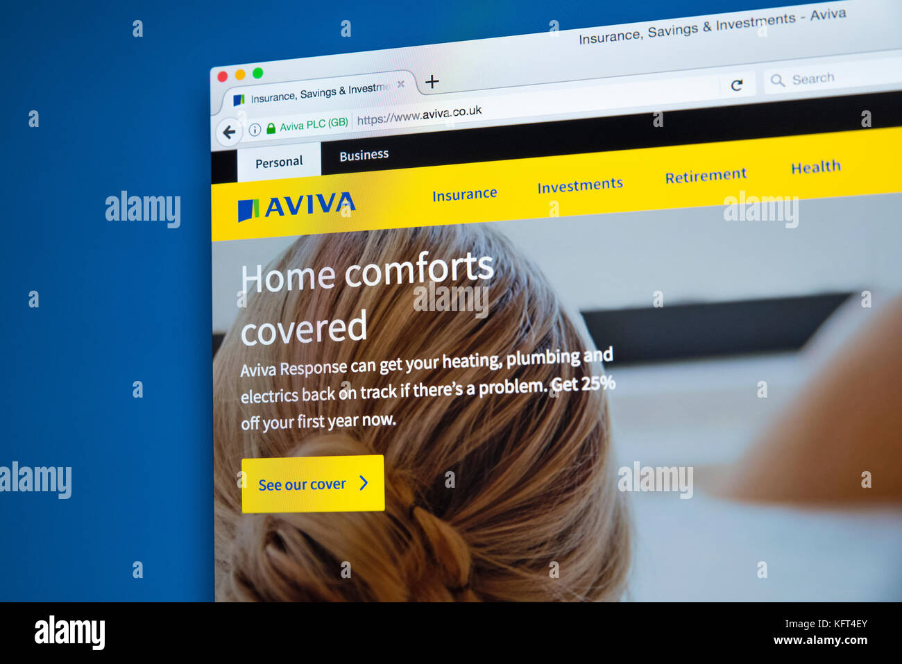 LONDON, UK - OCTOBER 17TH 2017: The homepage of the official website for AVIVA, the British multinational insurance company, on 17th October 2017. Stock Photo