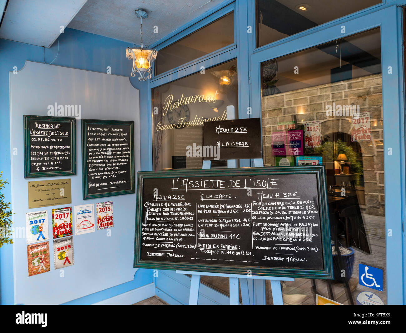 French Blackboard Menu specialities display outside L'Assiette De L'Isole  Quimper Brittany France Stock Photo - Alamy