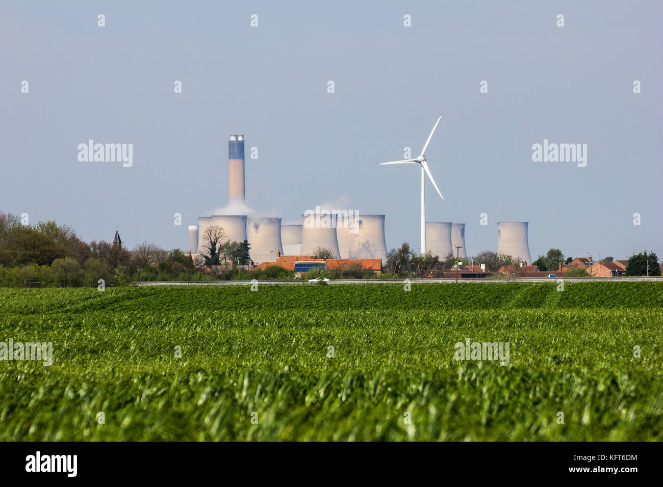 Drax Coal Fired Power Station and a renewable energy wind turbine Stock