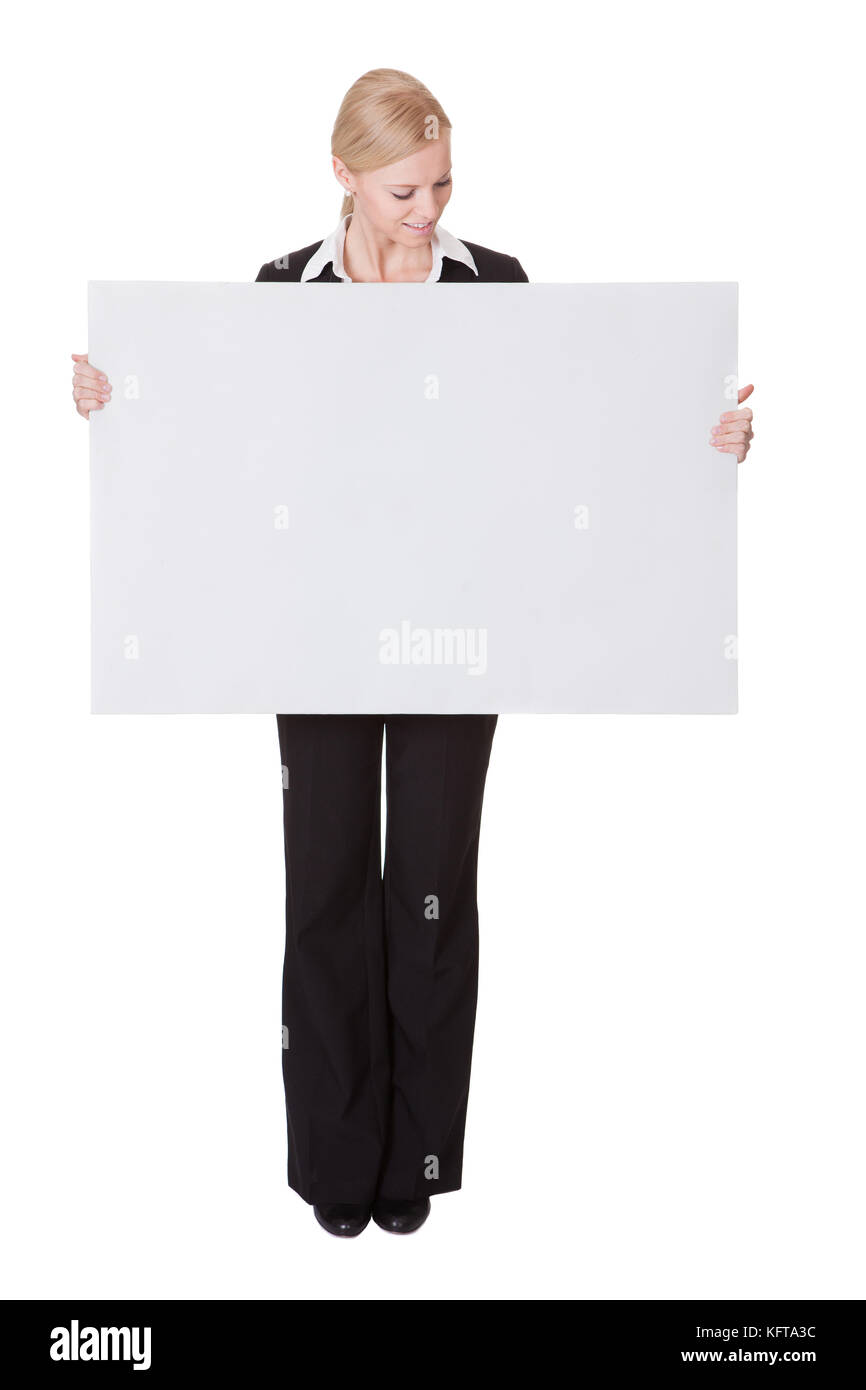 Businesswoman presenting empty banner. Isolated on white Stock Photo
