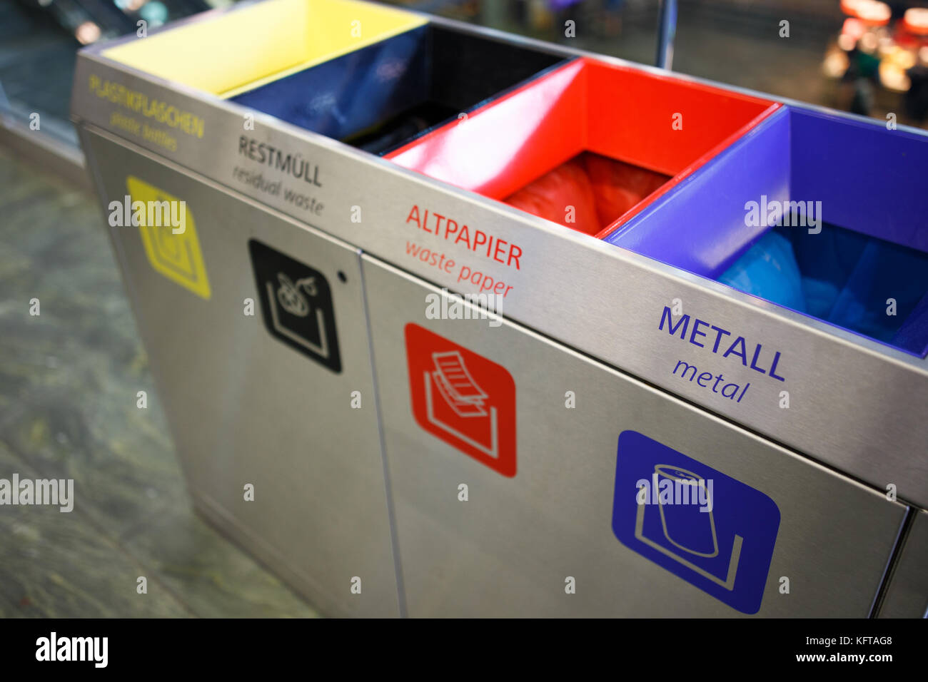 Stainless steel selective waste bin for metal, paper, residual and