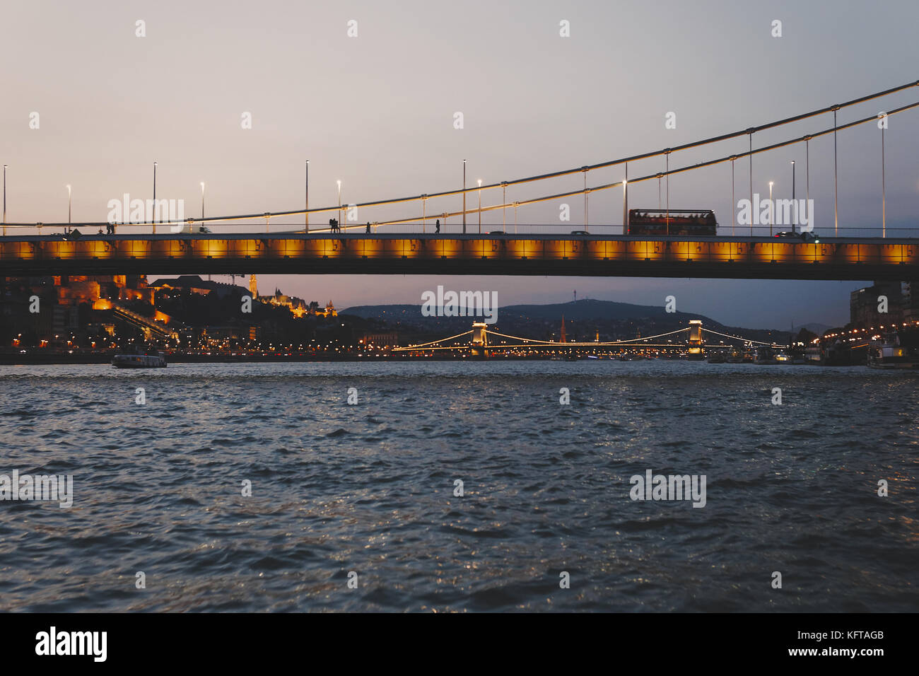 Budapest night with bridges and Danube after sunset, Hungary, EU Stock Photo