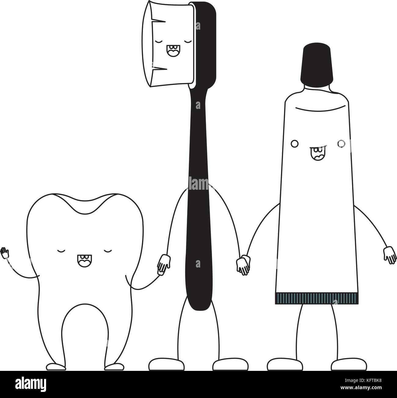 tooth and toothbrush and toothpaste in cartoon holding hands in black ...