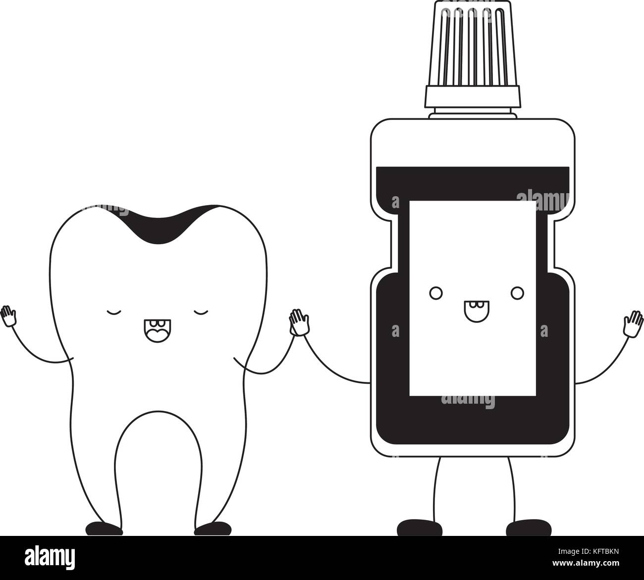 tooth and mouthwash in cartoon holding hands in black silhouette Stock ...