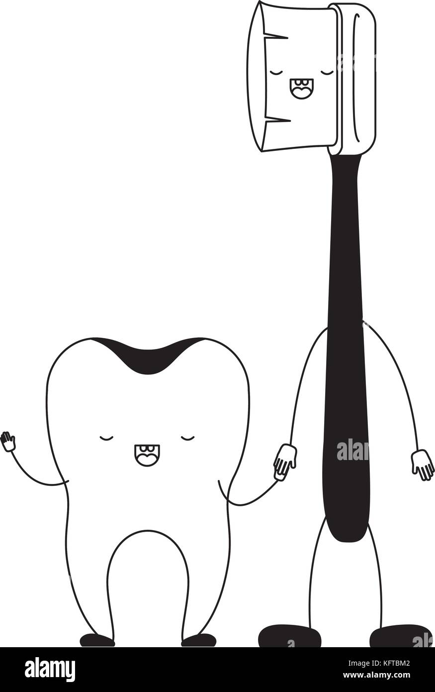 tooth and toothbrush in cartoon holding hands in black silhouette Stock ...
