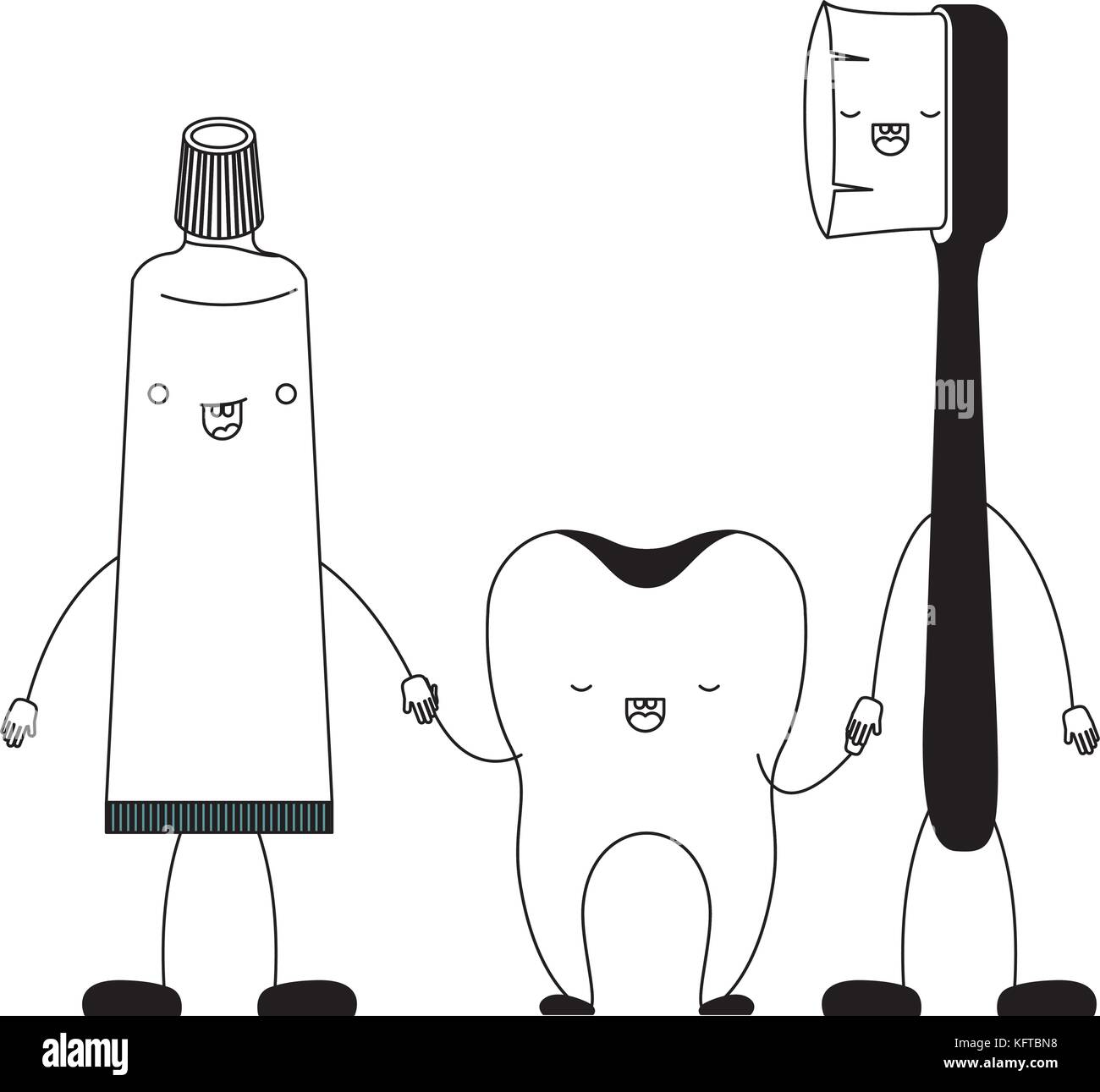 toothpaste and tooth and toothbrush in cartoon holding hands in black ...