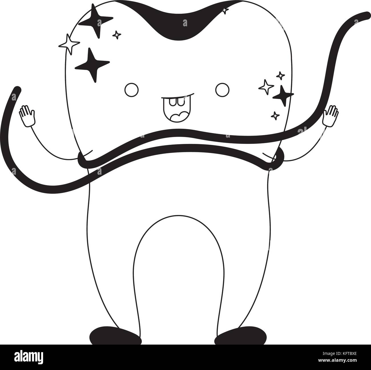 cartoon tooth with dental floss around in black silhouette Stock Vector ...