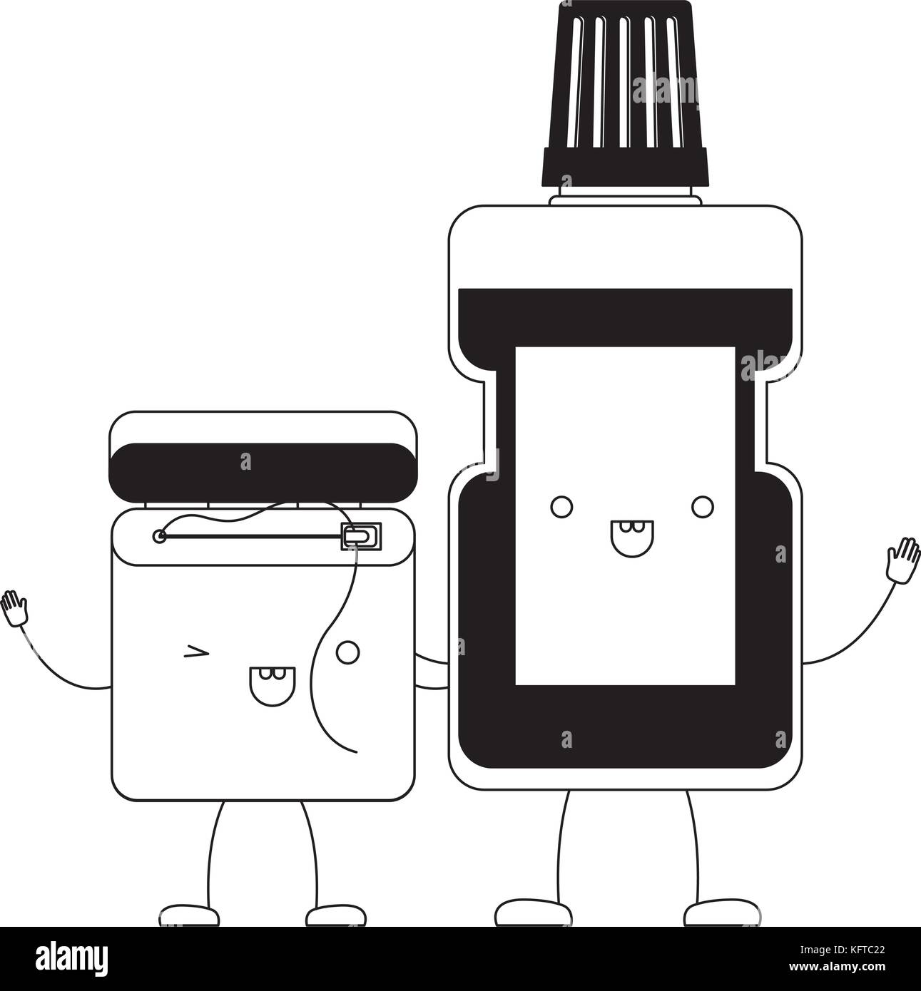 dental floss and mouthwash in cartoon holding hands in black silhouette ...