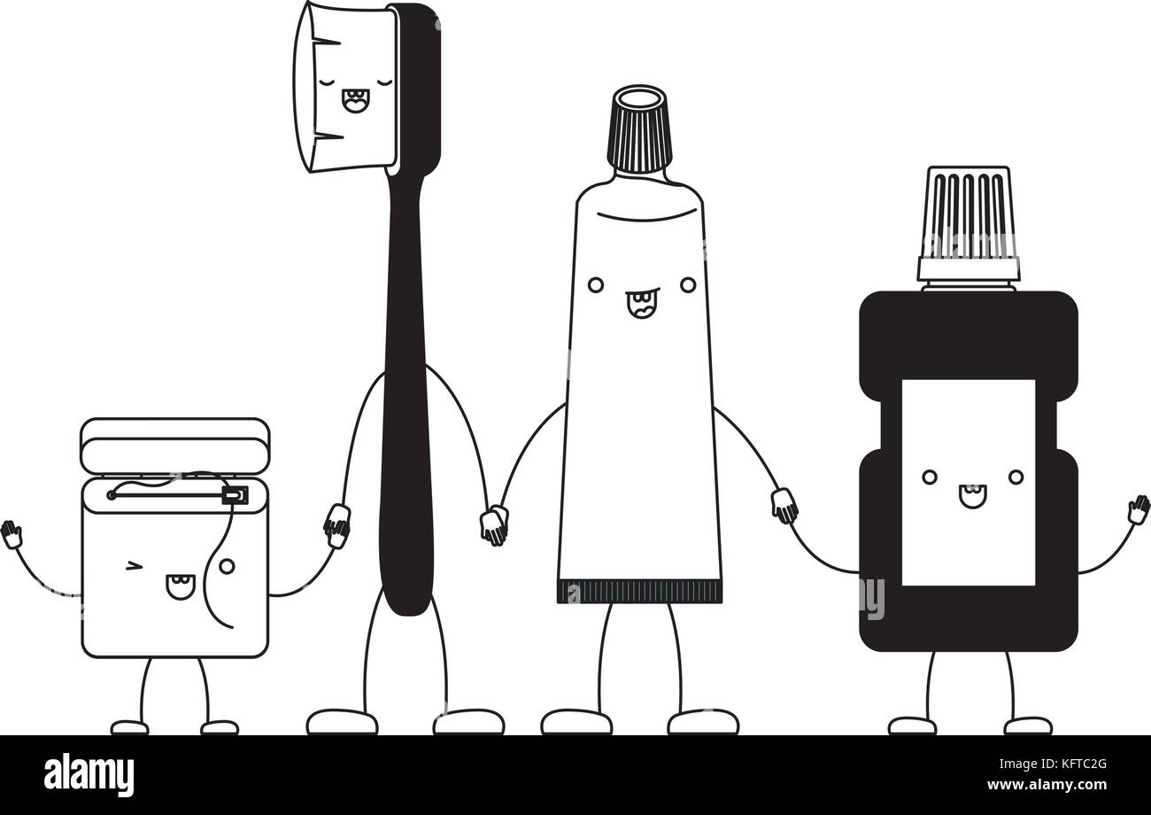 dental floss and toothbrush and toothpaste and mouthwash in cartoon ...