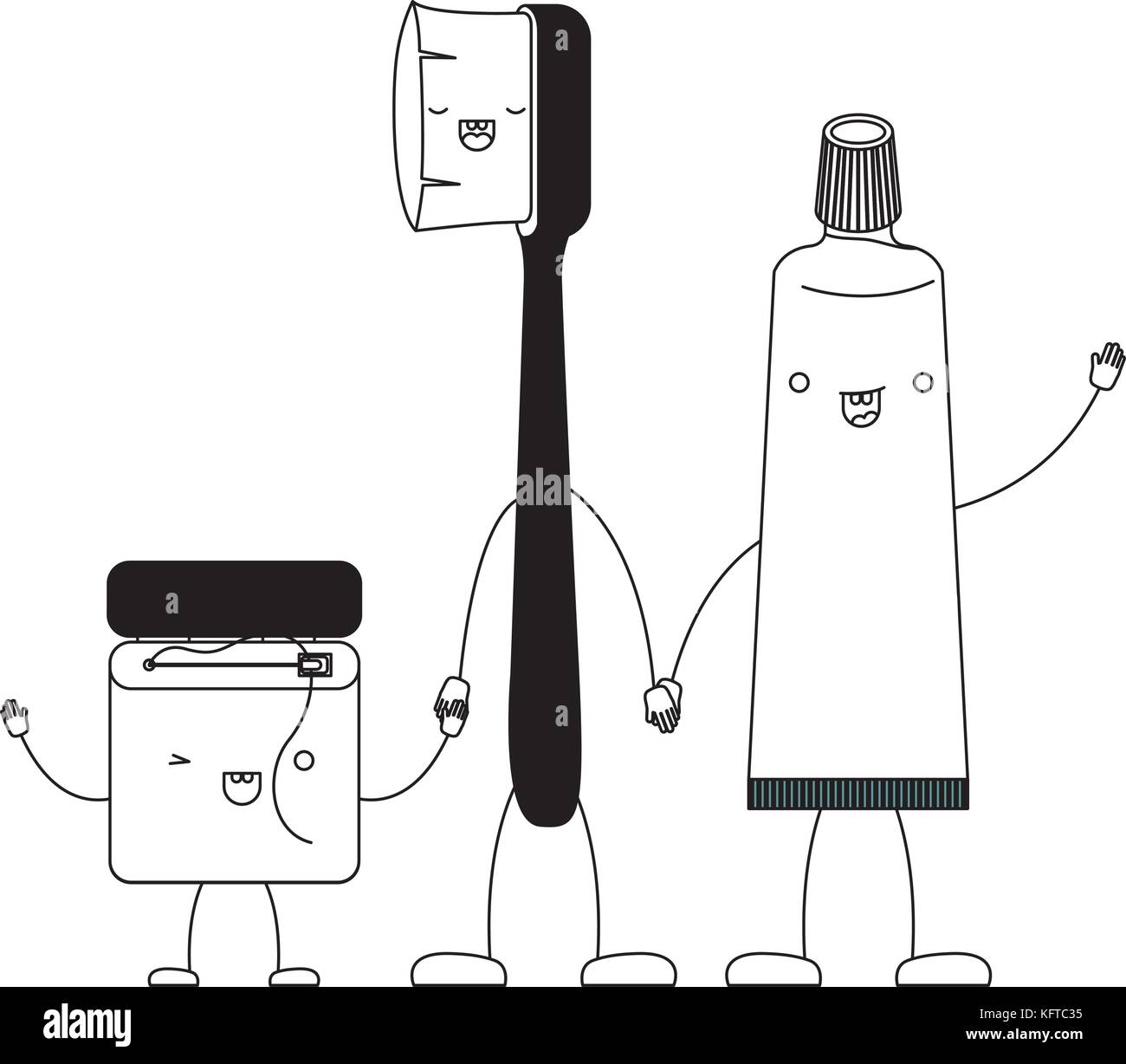 dental floss and toothbrush and toothpaste in cartoon holding hands in ...
