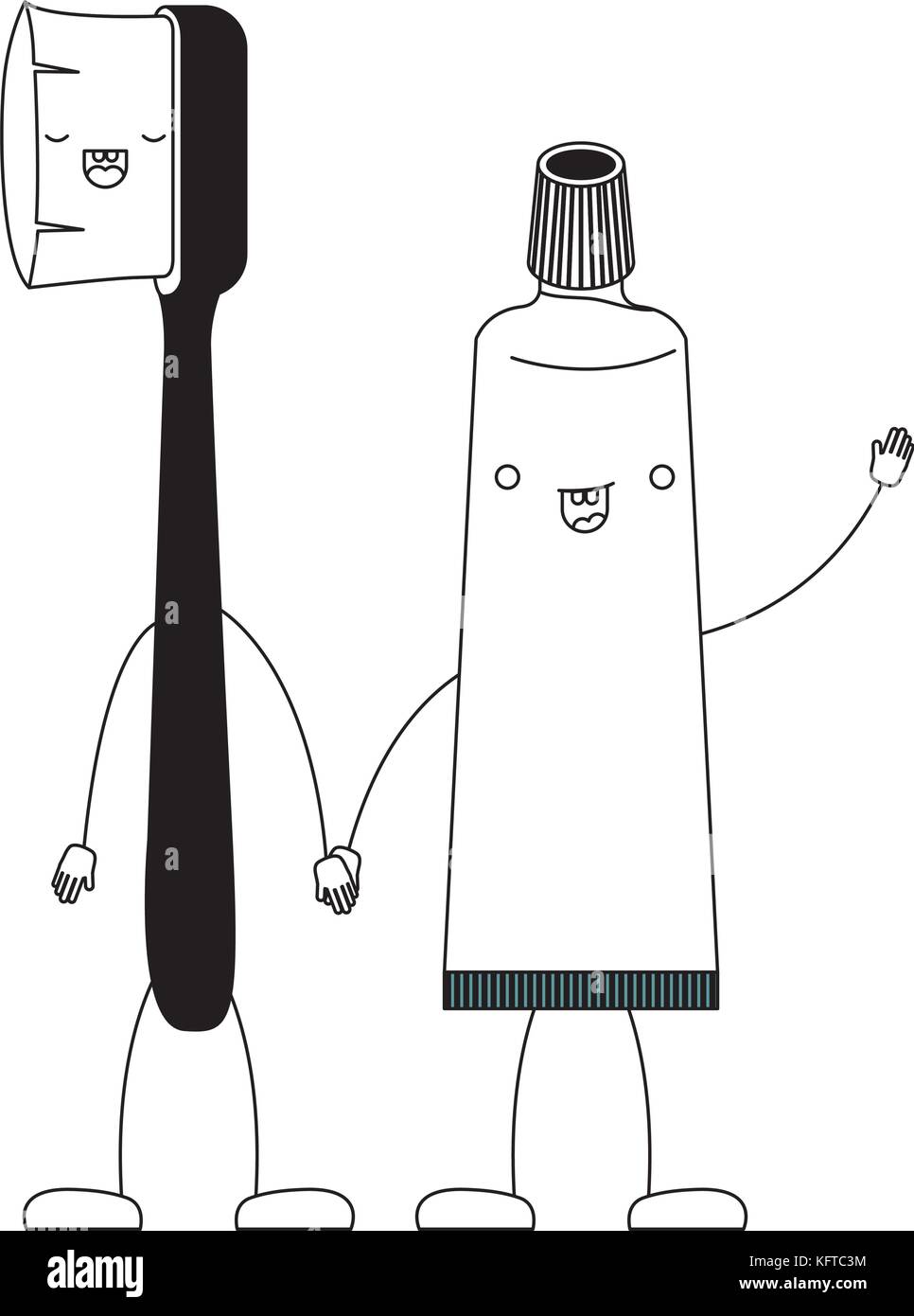 toothbrush and toothpaste in cartoon holding hands in black silhouette ...