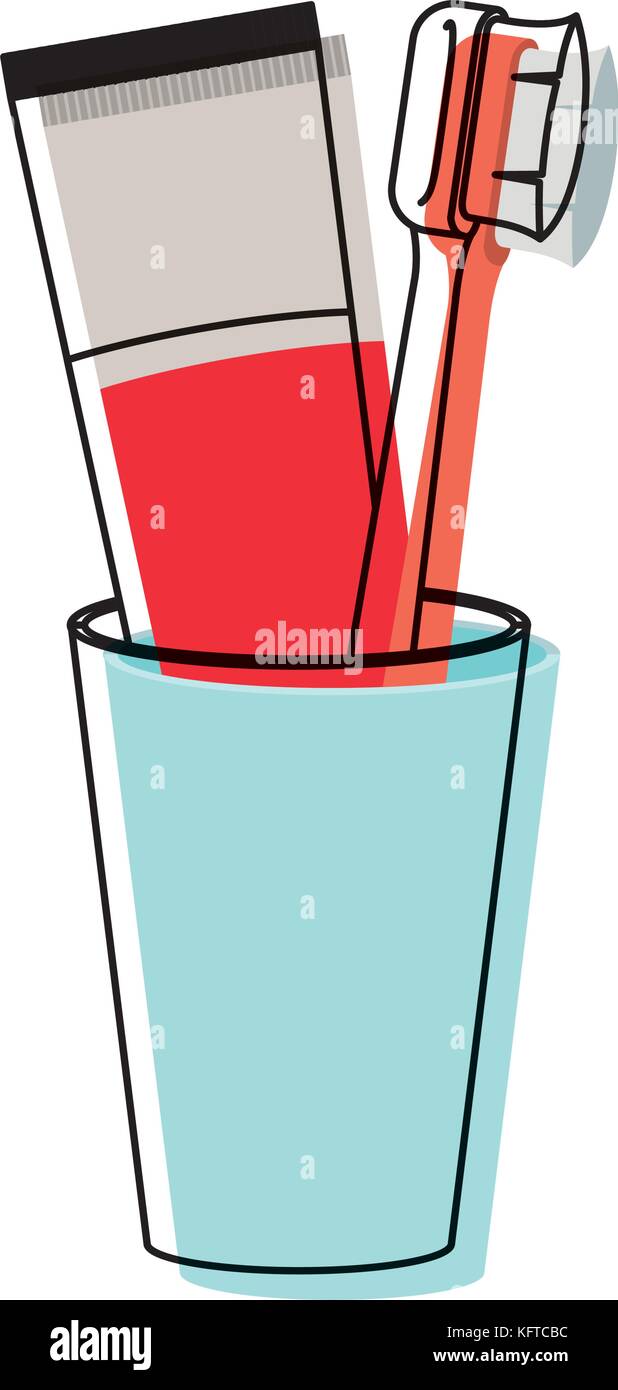 glass with tube toothpaste and toothbrush in watercolor silhouette ...