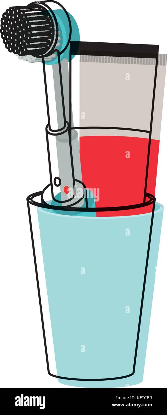 glass with toothpaste and electric toothbrush in watercolor silhouette ...