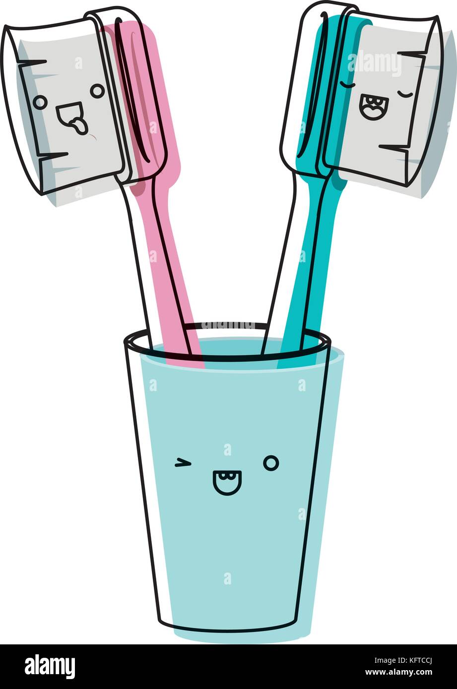glass with male and female toothbrush kawaii in watercolor silhouette ...