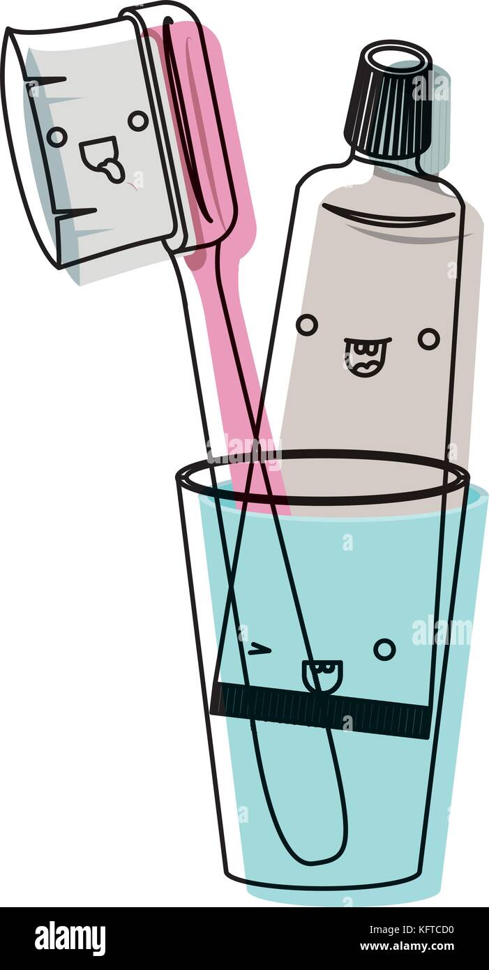 glass with toothpaste and toothbrush female kawaii in watercolor ...