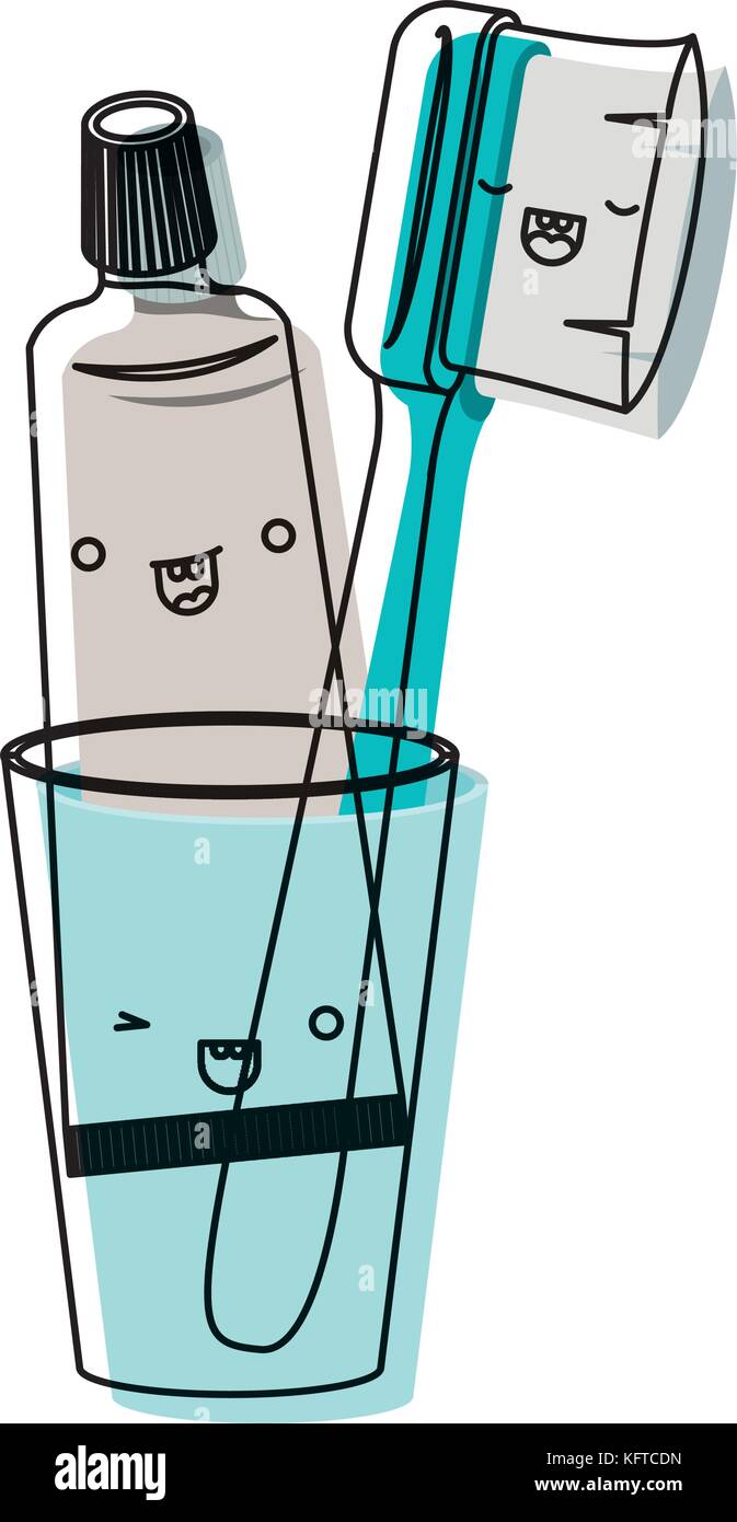 glass with toothpaste and toothbrush male kawaii in watercolor ...