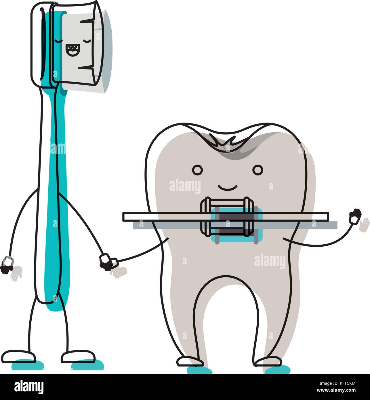 cartoon couple toothbrush and tooth with brace in watercolor silhouette ...