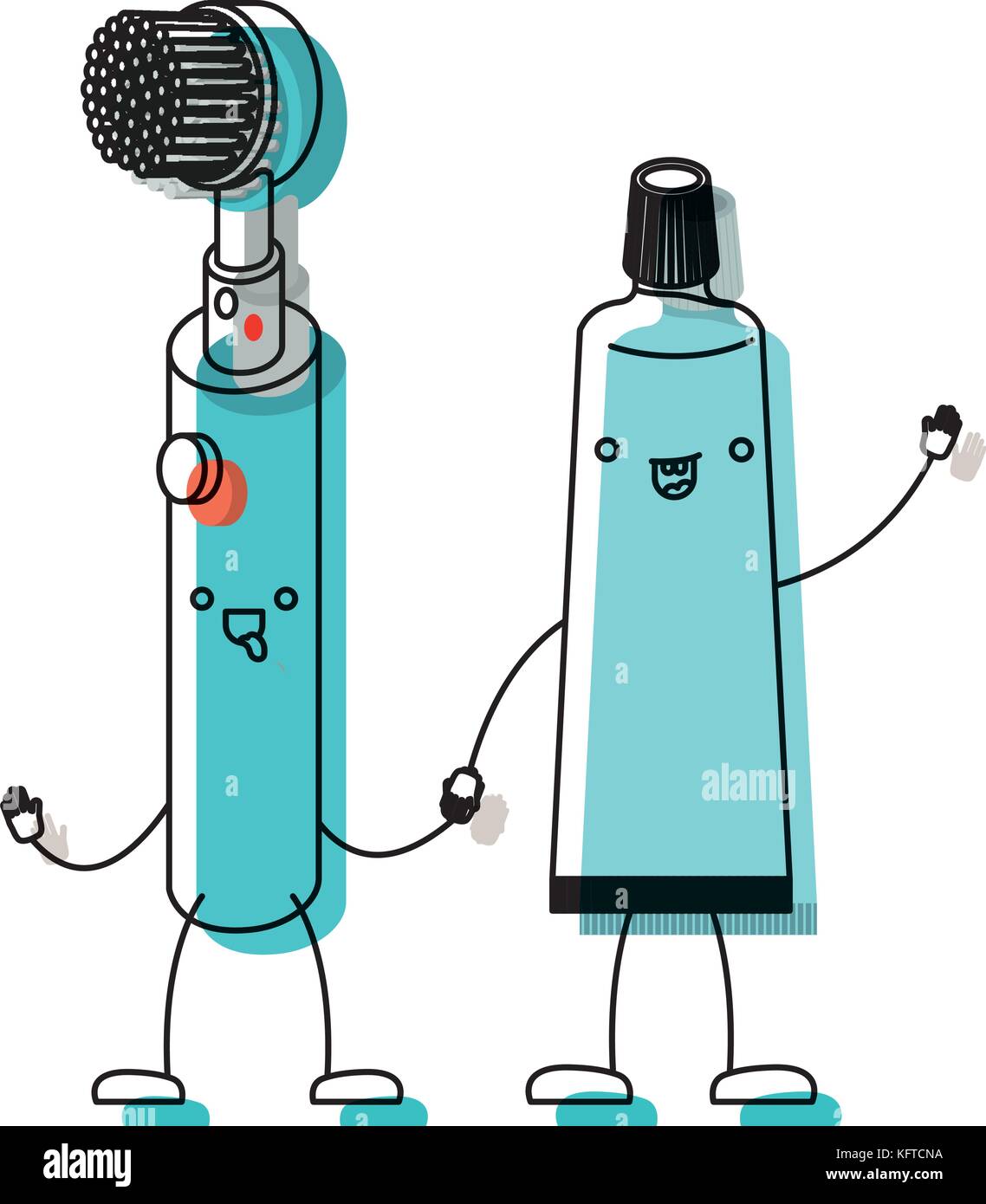 electric toothbrush and toothpaste holding hands in watercolor ...
