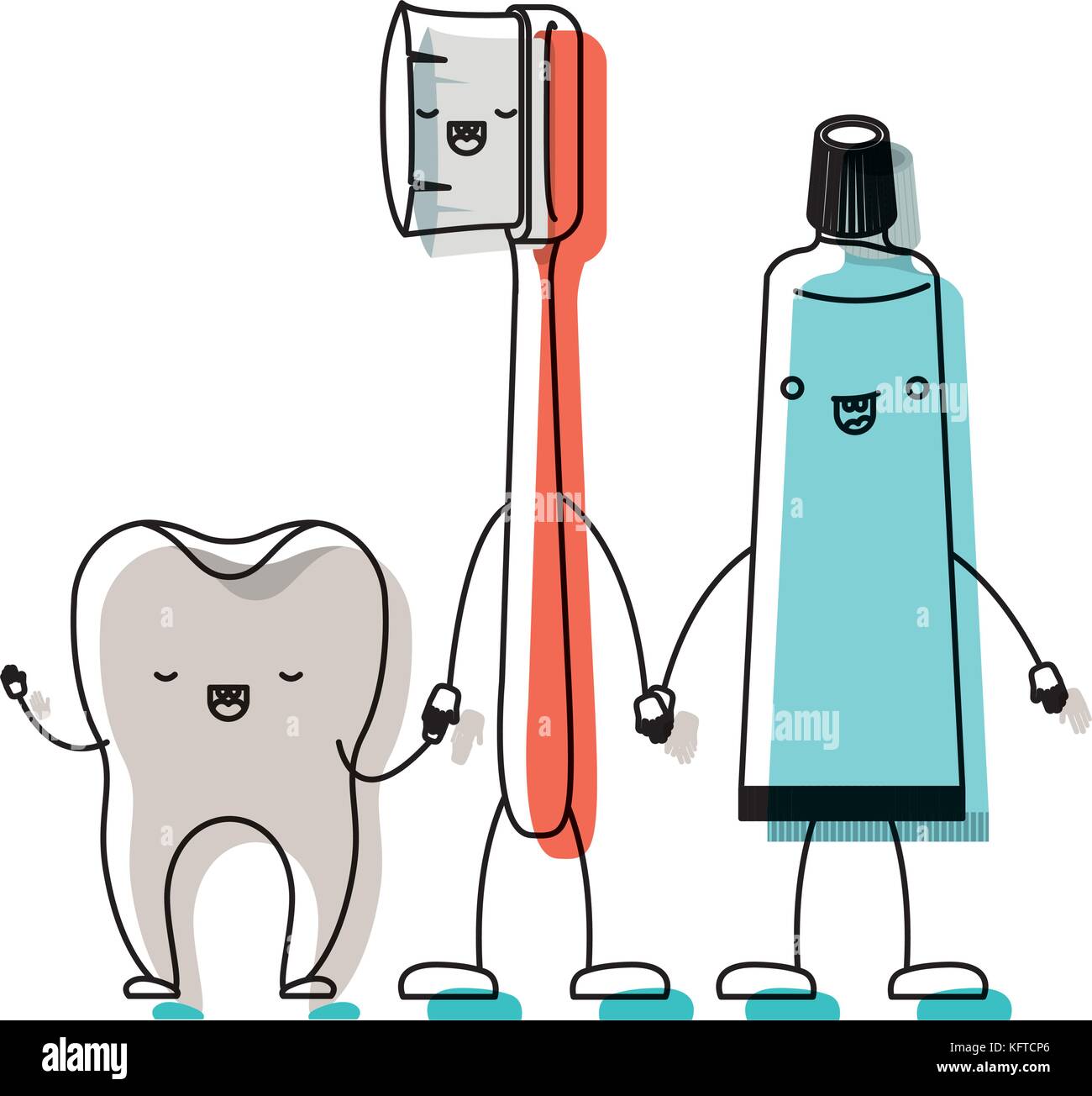 tooth and toothbrush and toothpaste in cartoon holding hands in ...