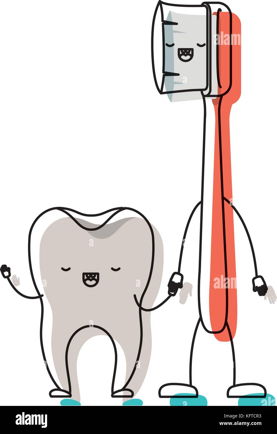 tooth and toothbrush in cartoon holding hands in watercolor silhouette ...