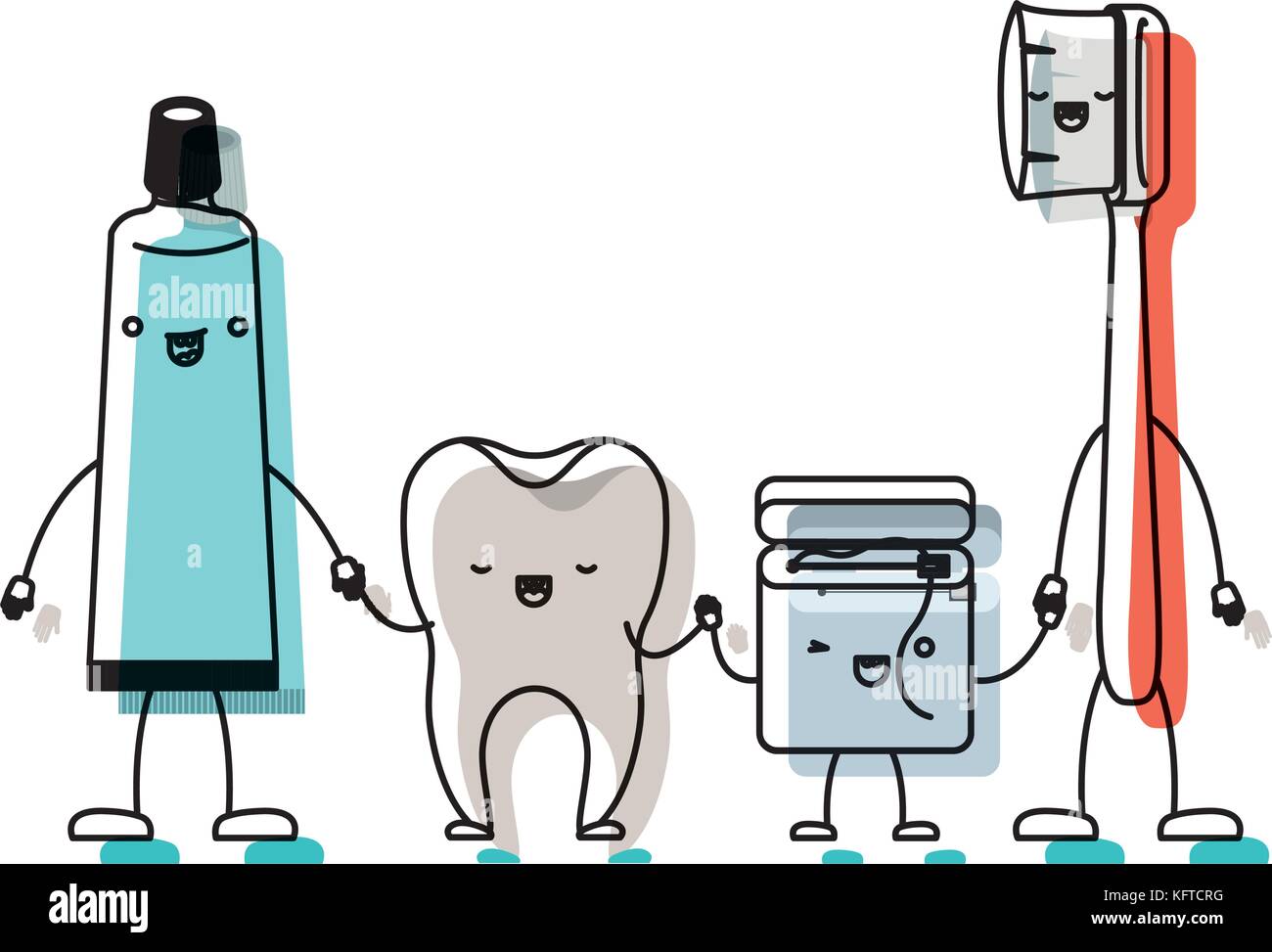 tooth and toothpaste and dental floss and toothbrush in cartoon holding ...