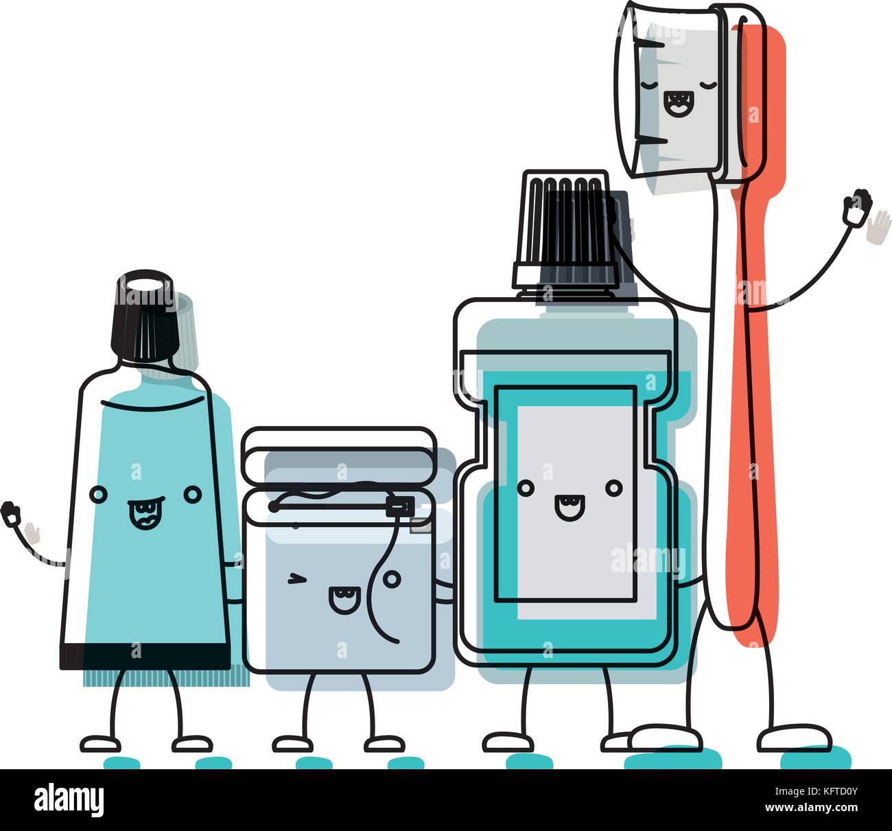toothpaste and dental floss and mouthwash and toothbrush in cartoon