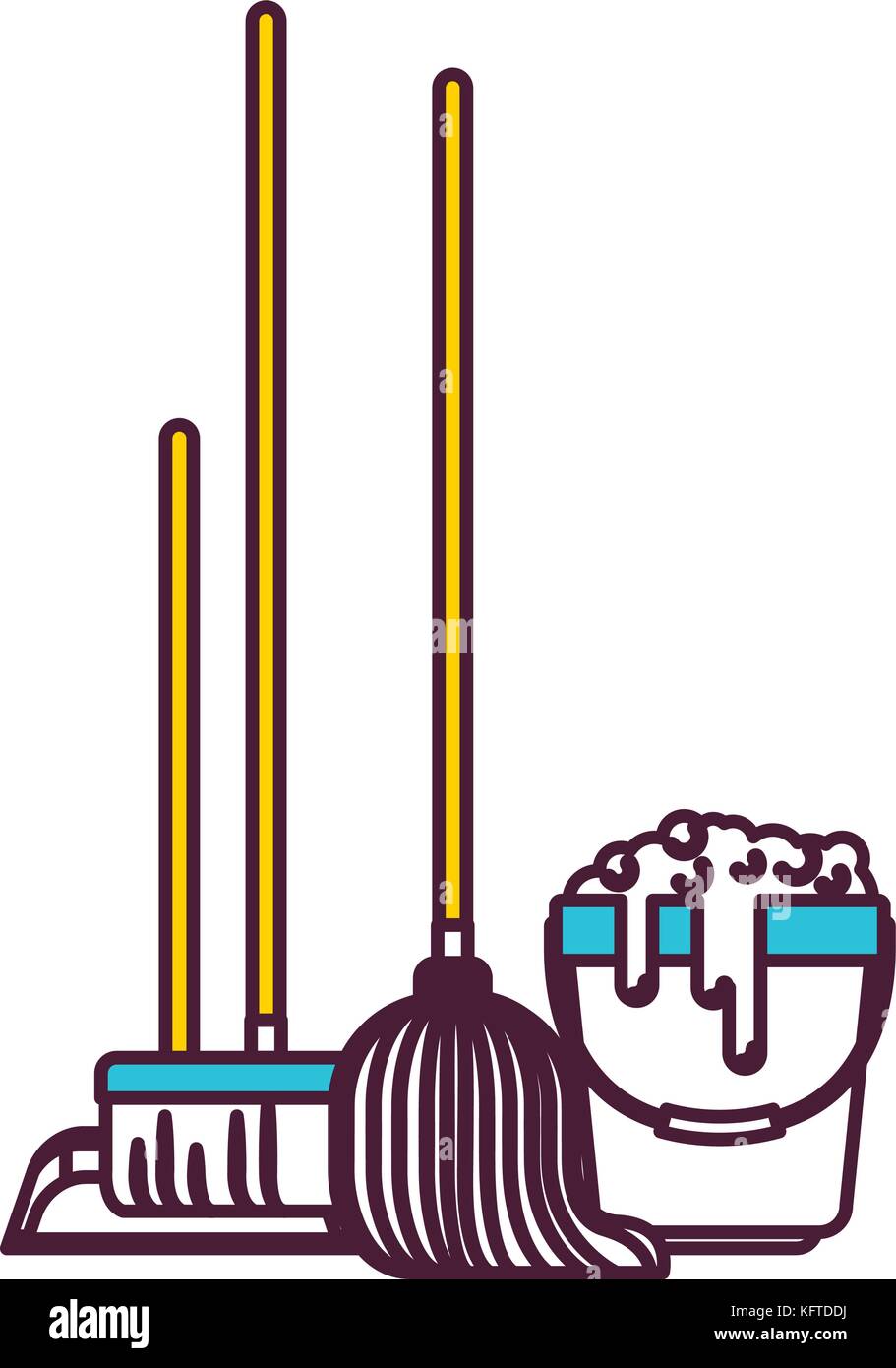 dustpan and broom and mop and bucket with water and soap detergent in