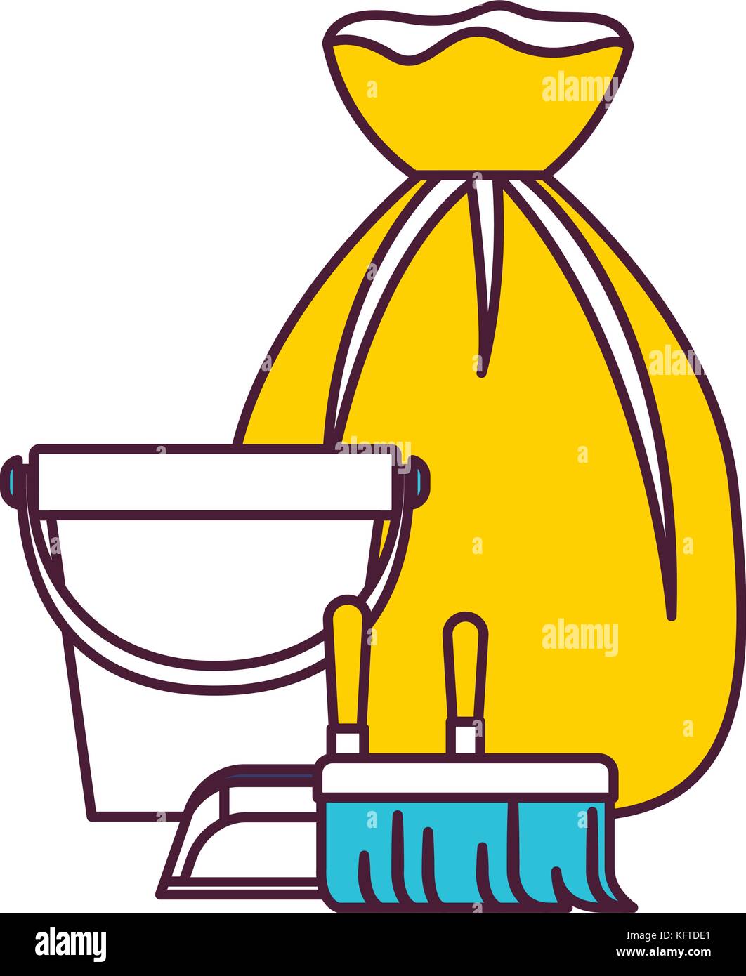 bucket and dustpan and broom and garbage bag in color sections