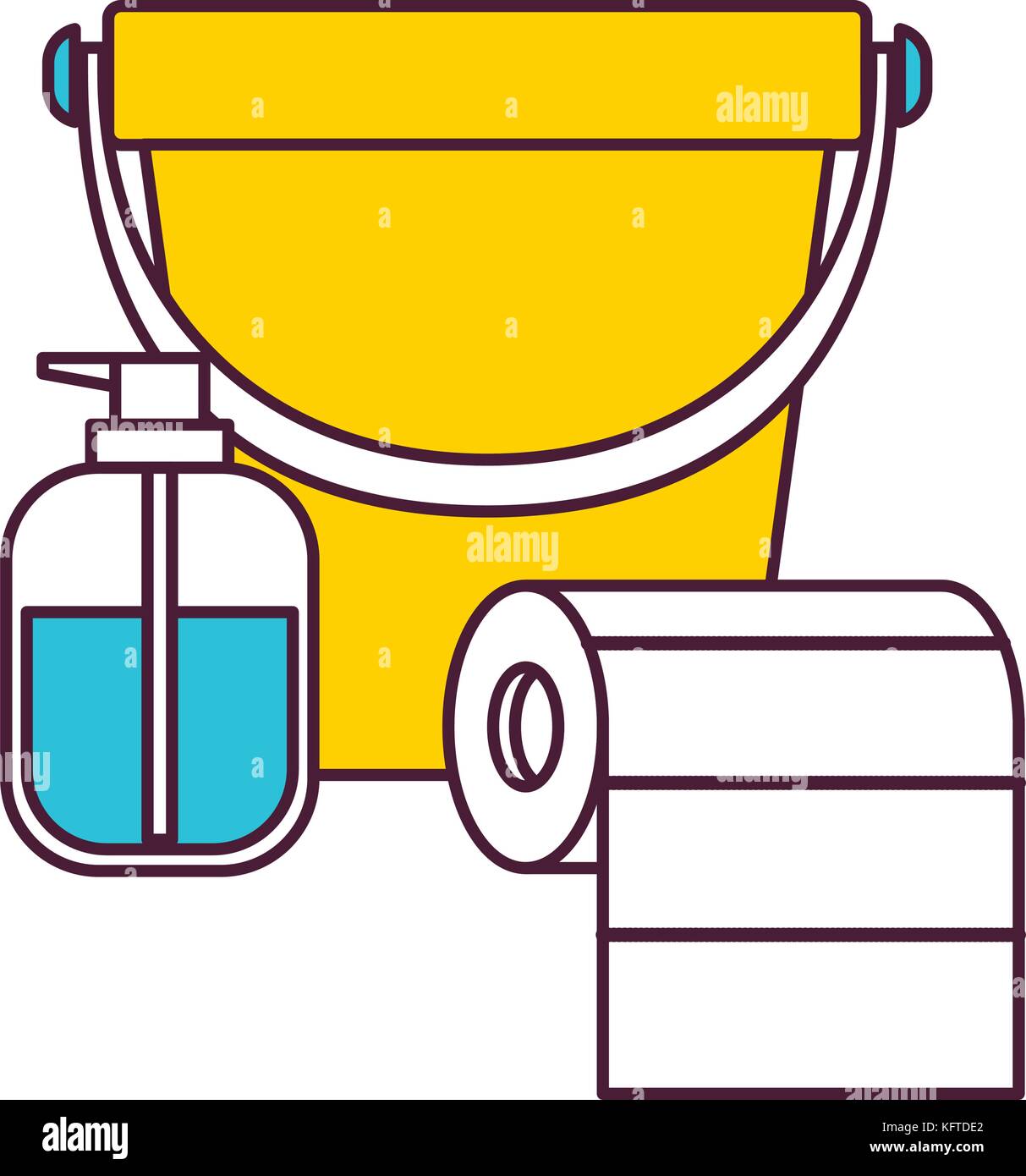 bucket and liquid soap and roll paper towel in color sections