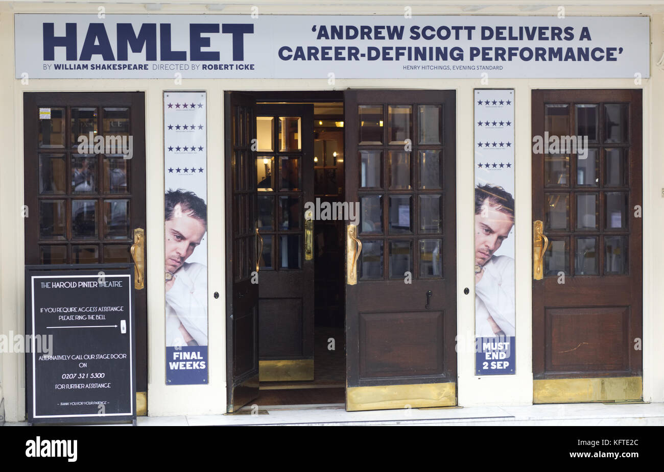 Advertisement of the Play Hamlet at the Harold Pinter Theatre in London Stock Photo