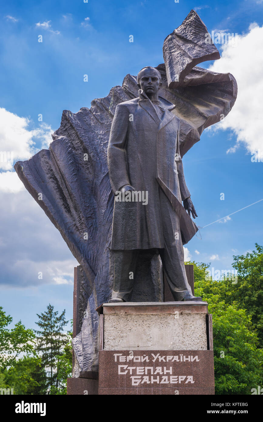 Stepan Bandera monument in Taras Shevchenko Park in Ternopil city, administrative center of the Ternopil Oblast region in western Ukraine Stock Photo