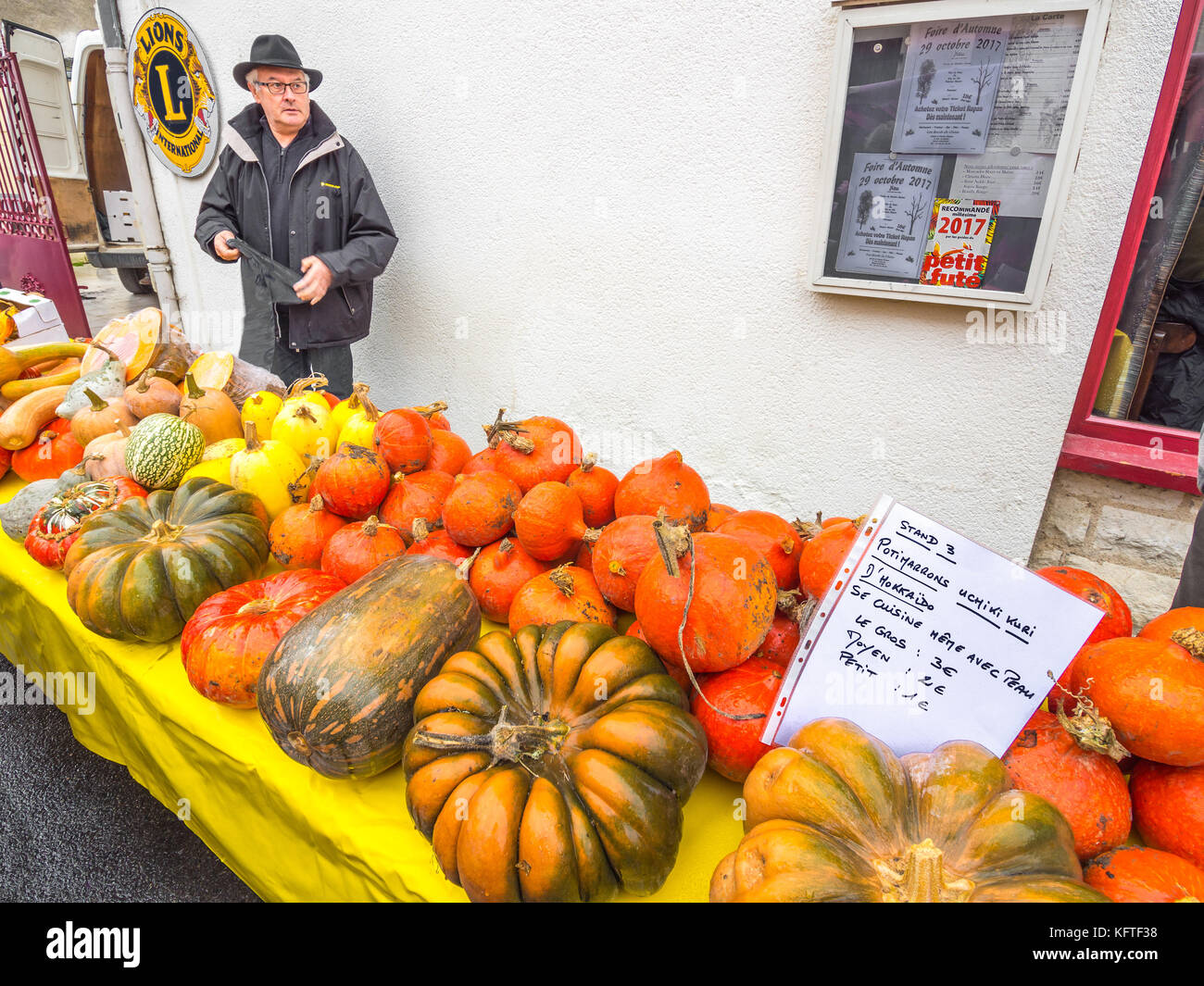 Market stall table full of pumpkins, potirons and gourds - France. Stock Photo