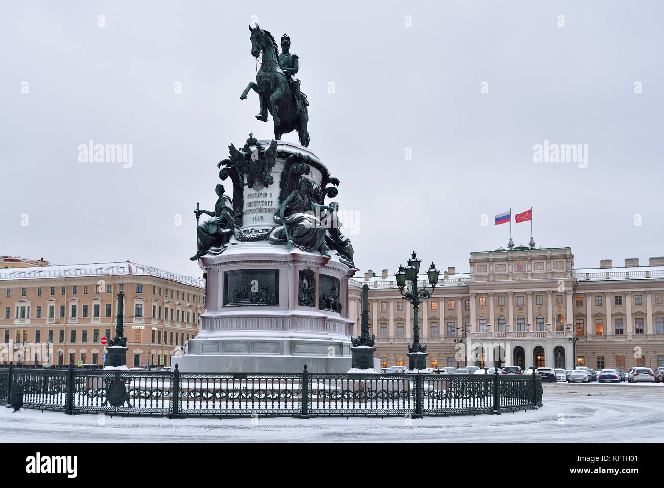 SAINT PETERSBURG, RUSSIA - 12 JANUARY 2017: Monument to Nicholas 1 St. Isaac's square in winter Stock Photo