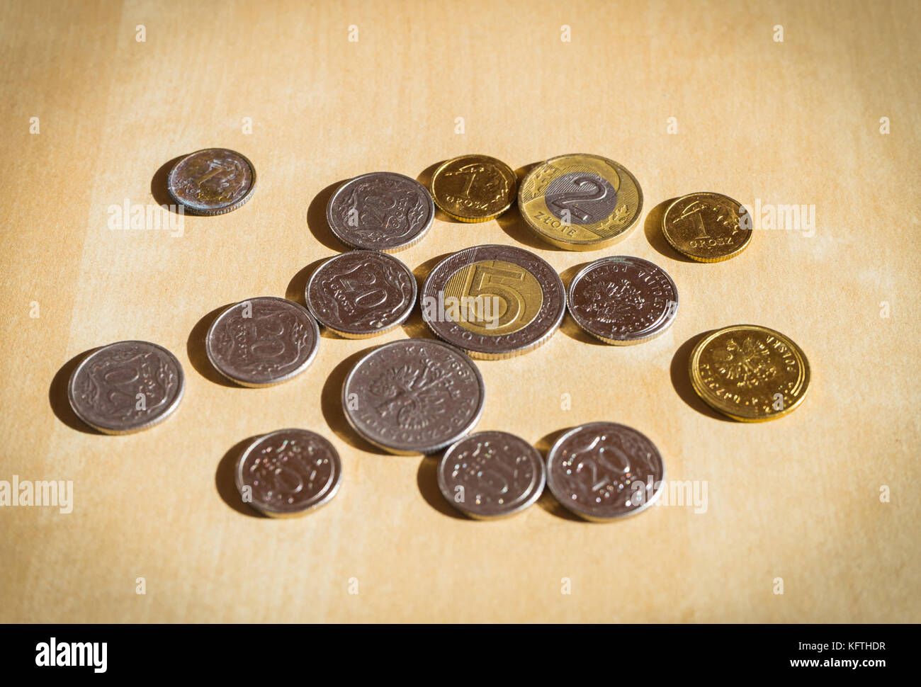 Polish currency coins of zlotys and groszy Stock Photo