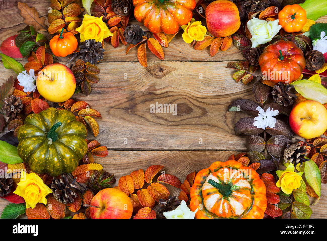 Border of pumpkins, apples, pine cones, colorful fall leaves, yellow roses and white flower on the rustic wooden background, copy space Stock Photo