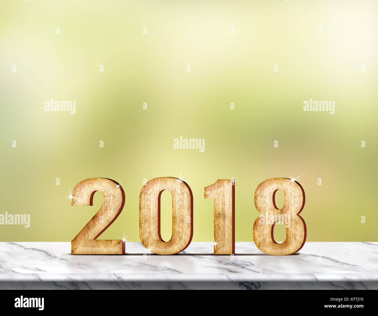 New year 2018 (3d rendering) on marble table at green abstract background,holiday greeting card,leave space for adding your text. Stock Photo