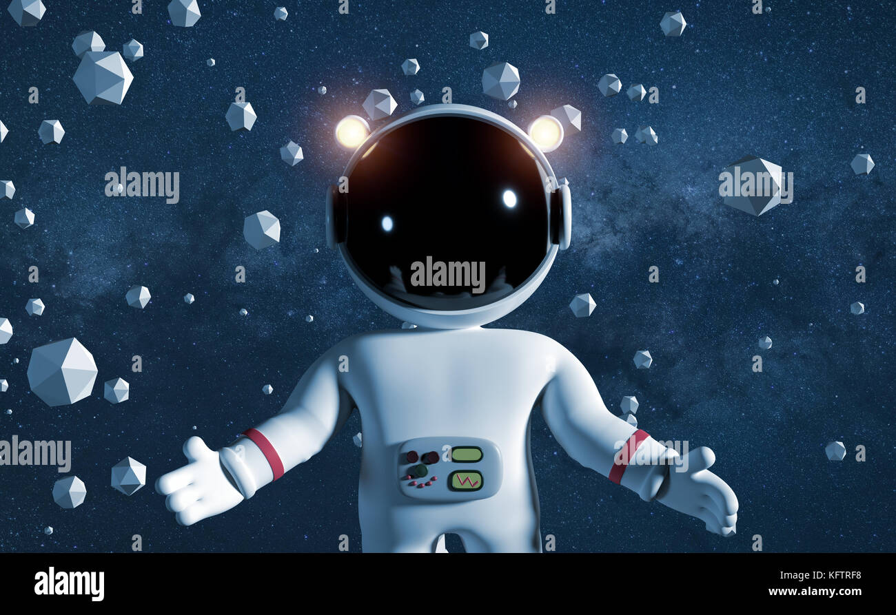 cute cartoon character astronaut in white space suit floating between geometric objects in front of the stars (3d illustration) Stock Photo