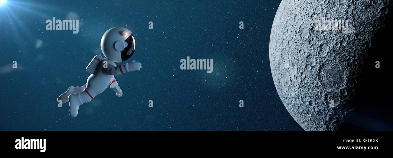 cute cartoon astronaut in white space suit is flying to the Moon (3d illustration banner) Stock Photo