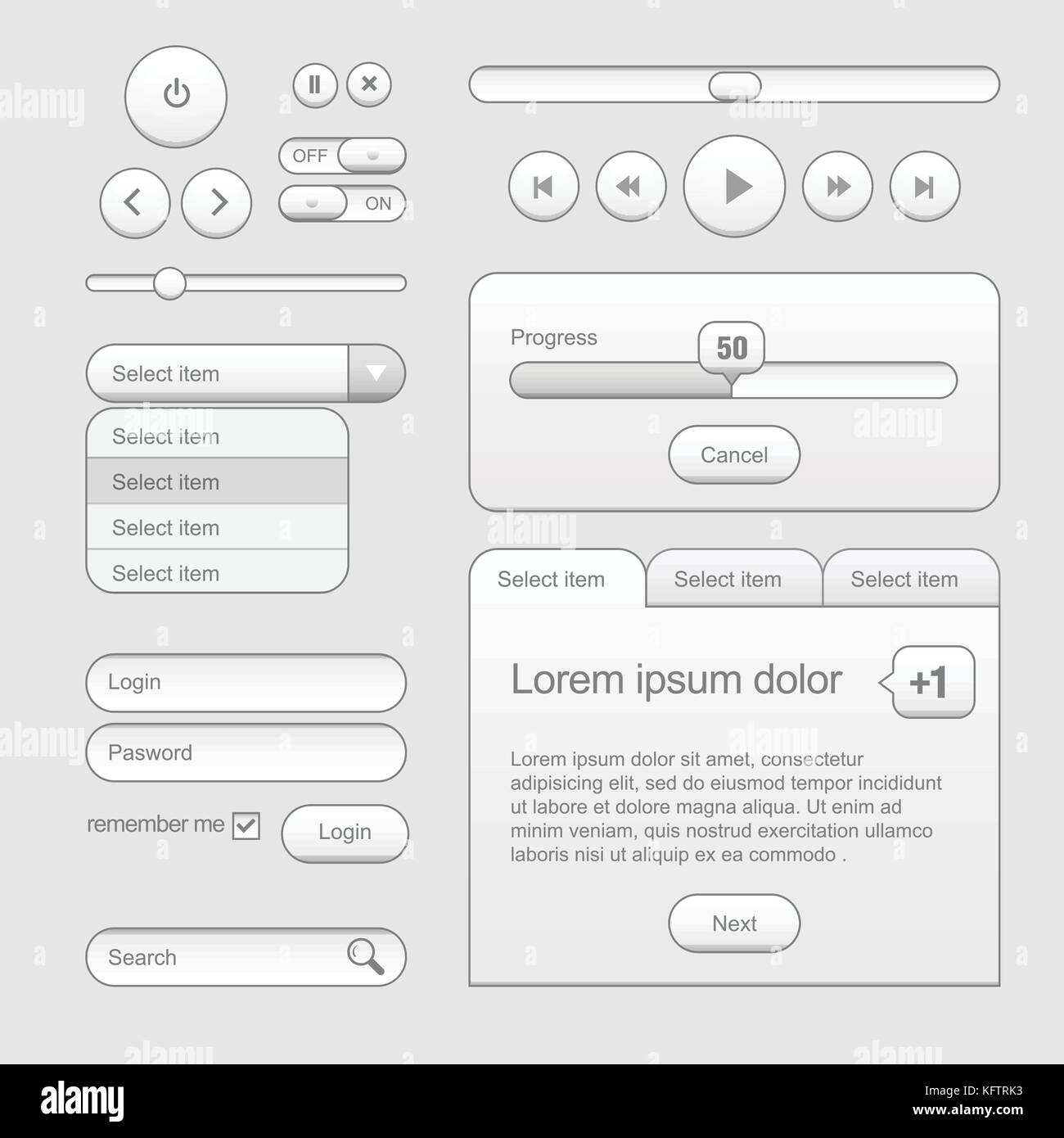 Light Web UI Elements Design Gray. Elements: Buttons Stock Vector