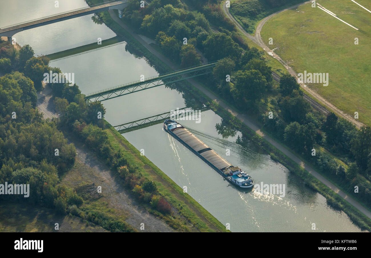 Freight ship on the Wesel-Datteln canal, canal bridges, Dorsten, Ruhr area, North Rhine-Westphalia, Germany, Dorsten, Europe, aerial view, aerial view Stock Photo