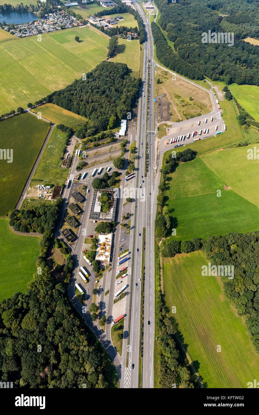 highway A3, border crossing Elten, motorway service area Knauheide, Emmerich, Lower Rhine, North Rhine-Westphalia, Germany, Europe, Aerial View, Aeria Stock Photo