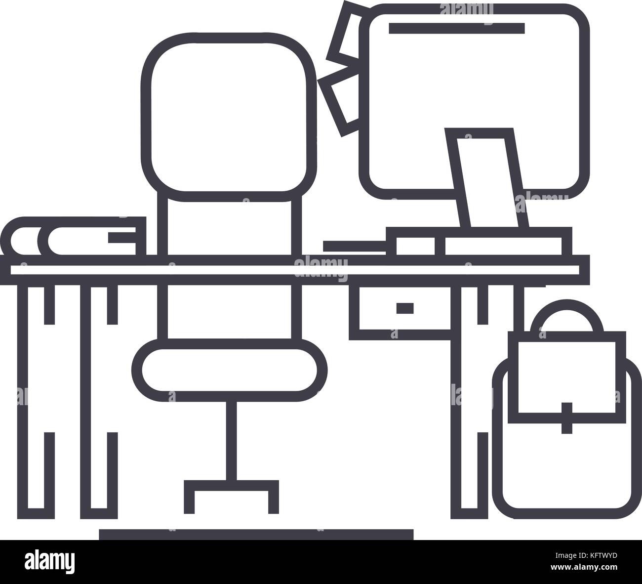 office desk with computer and chair vector line icon, sign, illustration on background, editable strokes Stock Vector