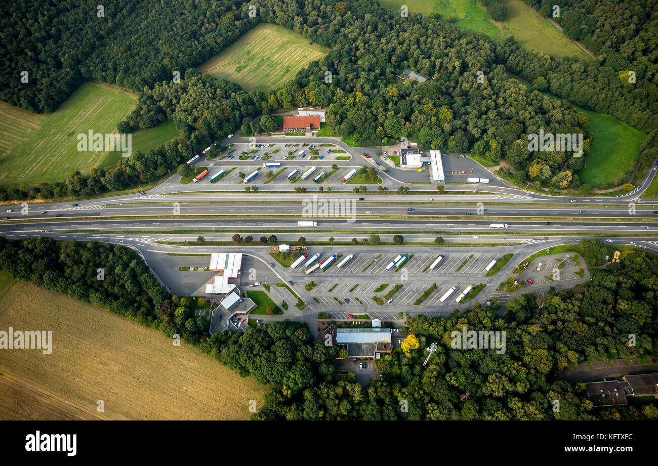 Highway A3, service area Hünxe East and West, service station, Hünxe, Hünxe, Ruhr area, Lower Rhine, Germany, Europe, Hünxe, Krudenburg, aerial view,  Stock Photo