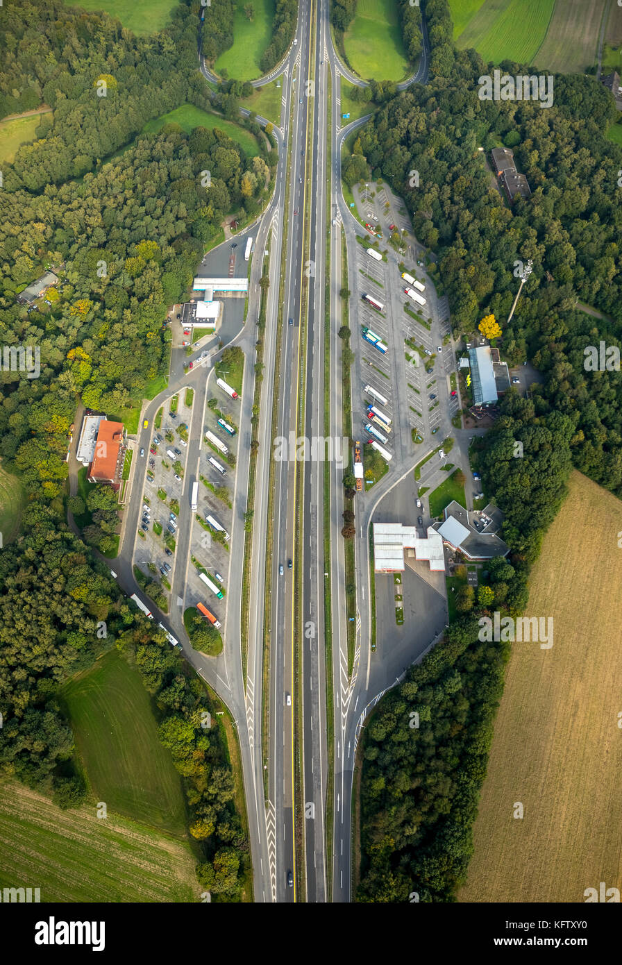 Highway A3, service area Hünxe East and West, service station, Hünxe, Hünxe, Ruhr area, Lower Rhine, Germany, Europe, Hünxe, Krudenburg, aerial view,  Stock Photo