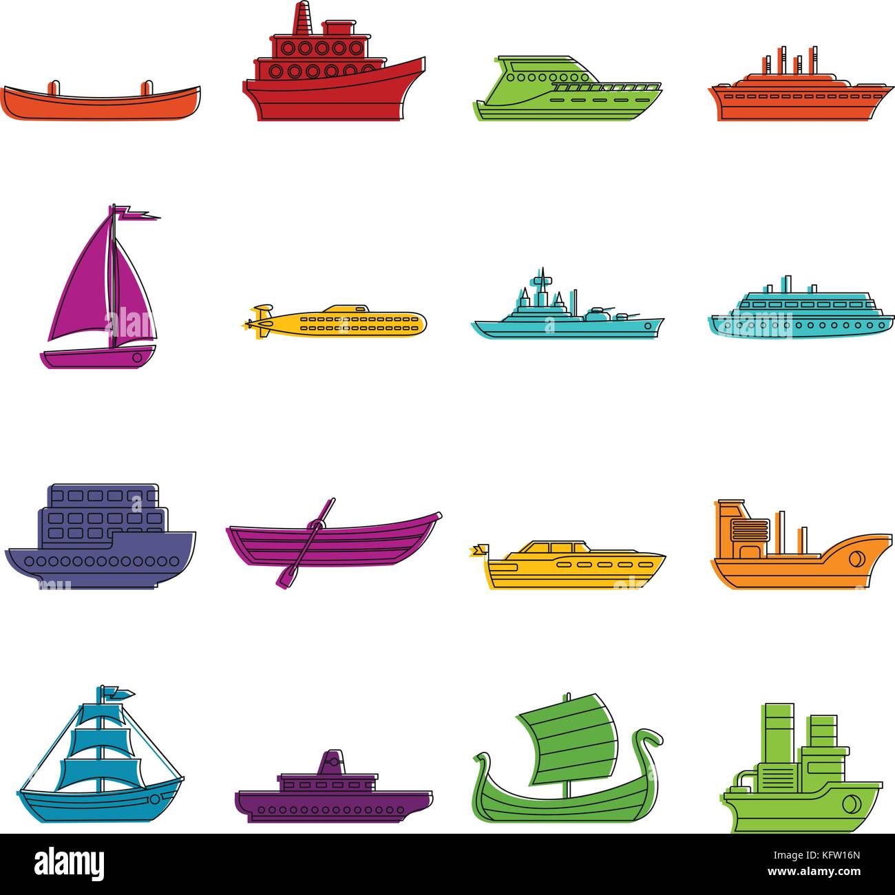 Sea transport icons doodle set Stock Vector