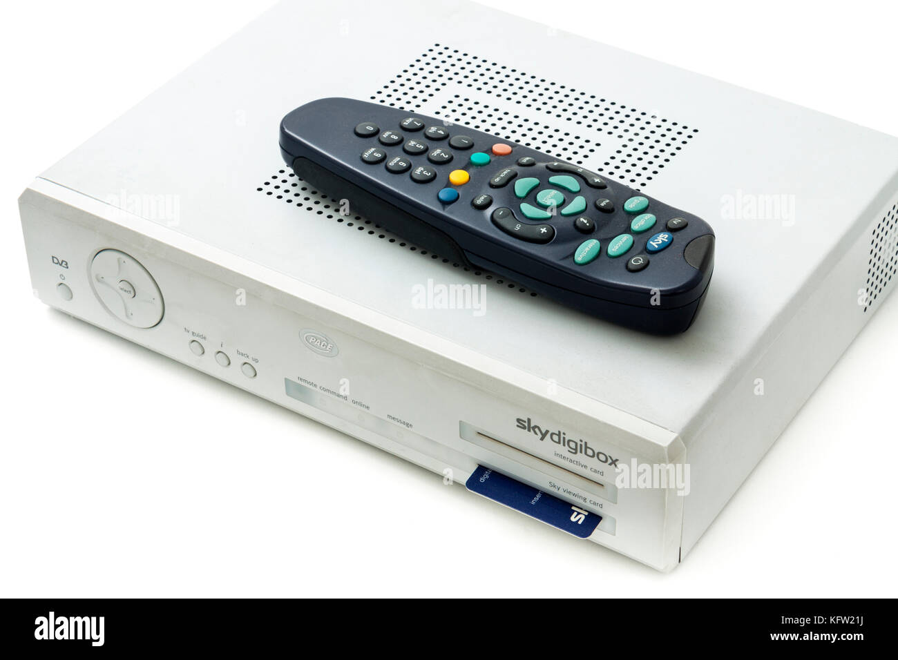 Sky digibox (Pace DS430N) satellite television receiver with remote control from 1994, designed to receive the British Sky Broadcasting service. Stock Photo