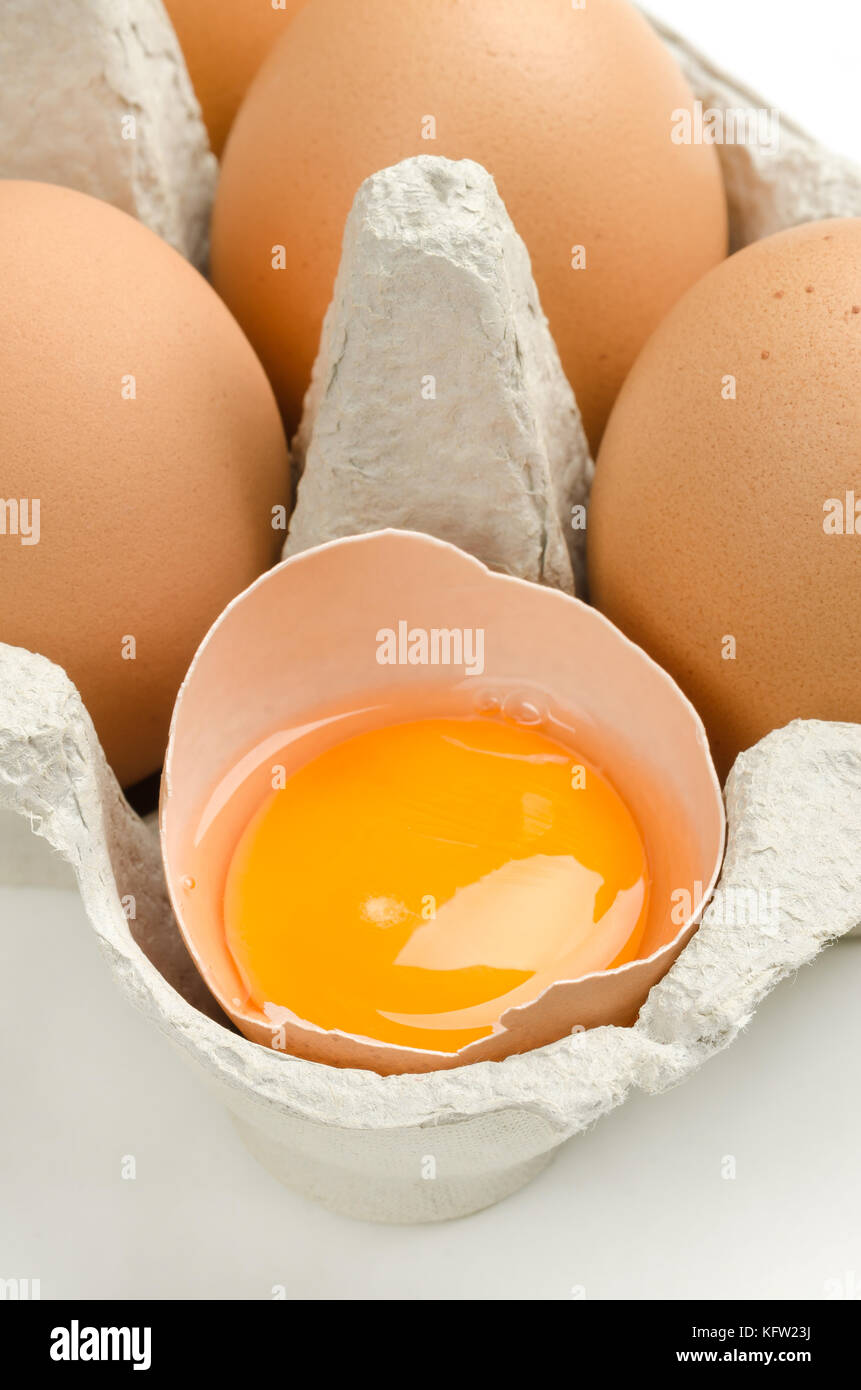 Open chicken egg in gray egg carton. Egg white and yolk in shell. Raw slightly speckled hen eggs in recycled paper egg box. Common food. Stock Photo