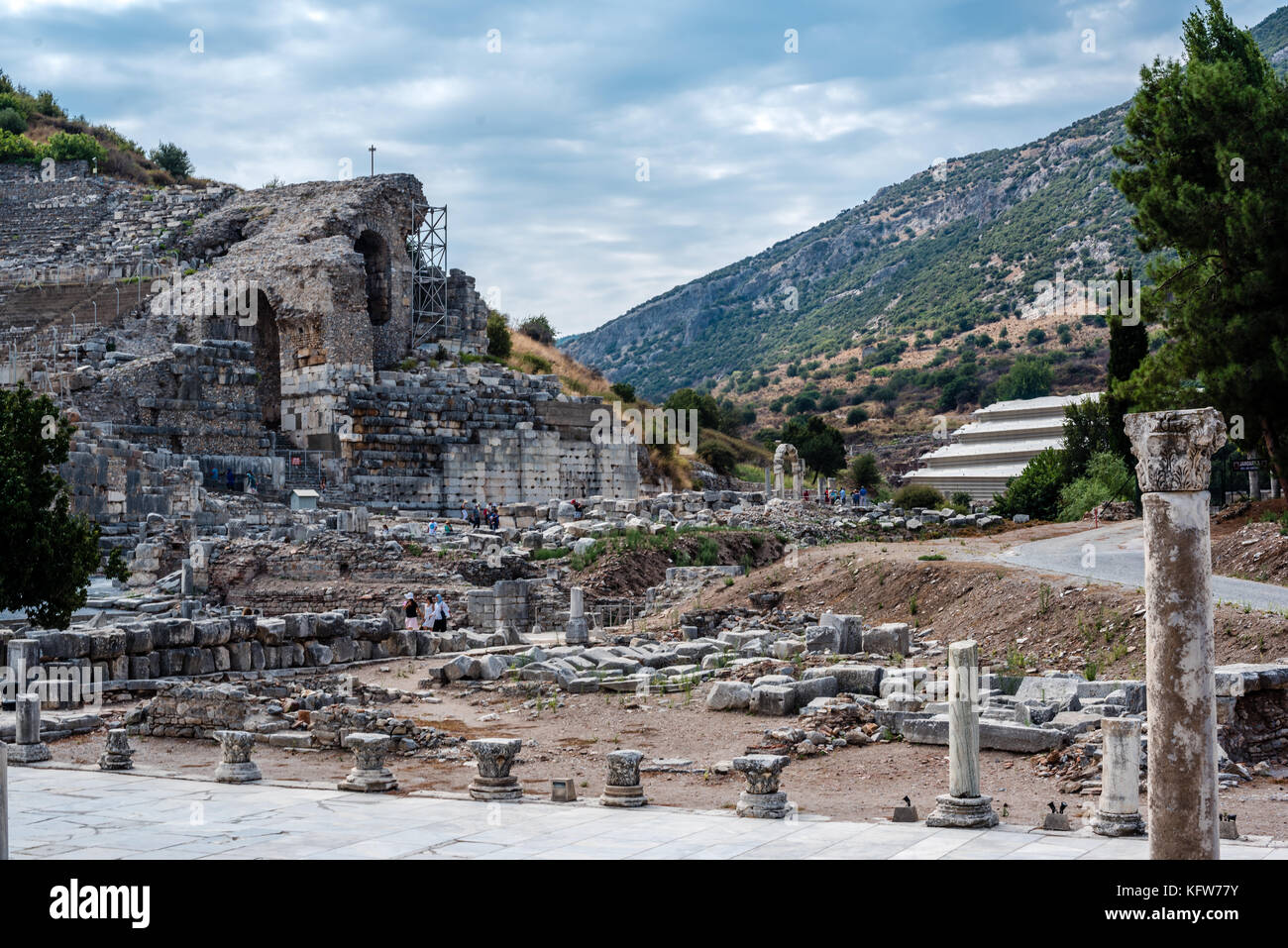 People visit ancient ruins at Ephesus historical ancient city, in ...