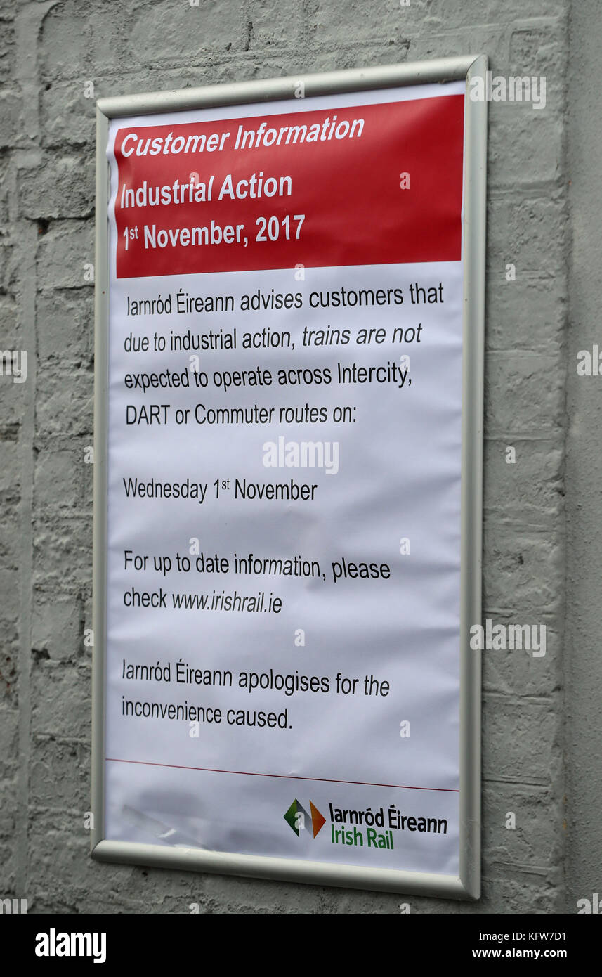 A sign at a normally busy commuter railway station in Athy, County Kildare, during a one day strike by Irish Rail train drivers over pay and conditions. Stock Photo